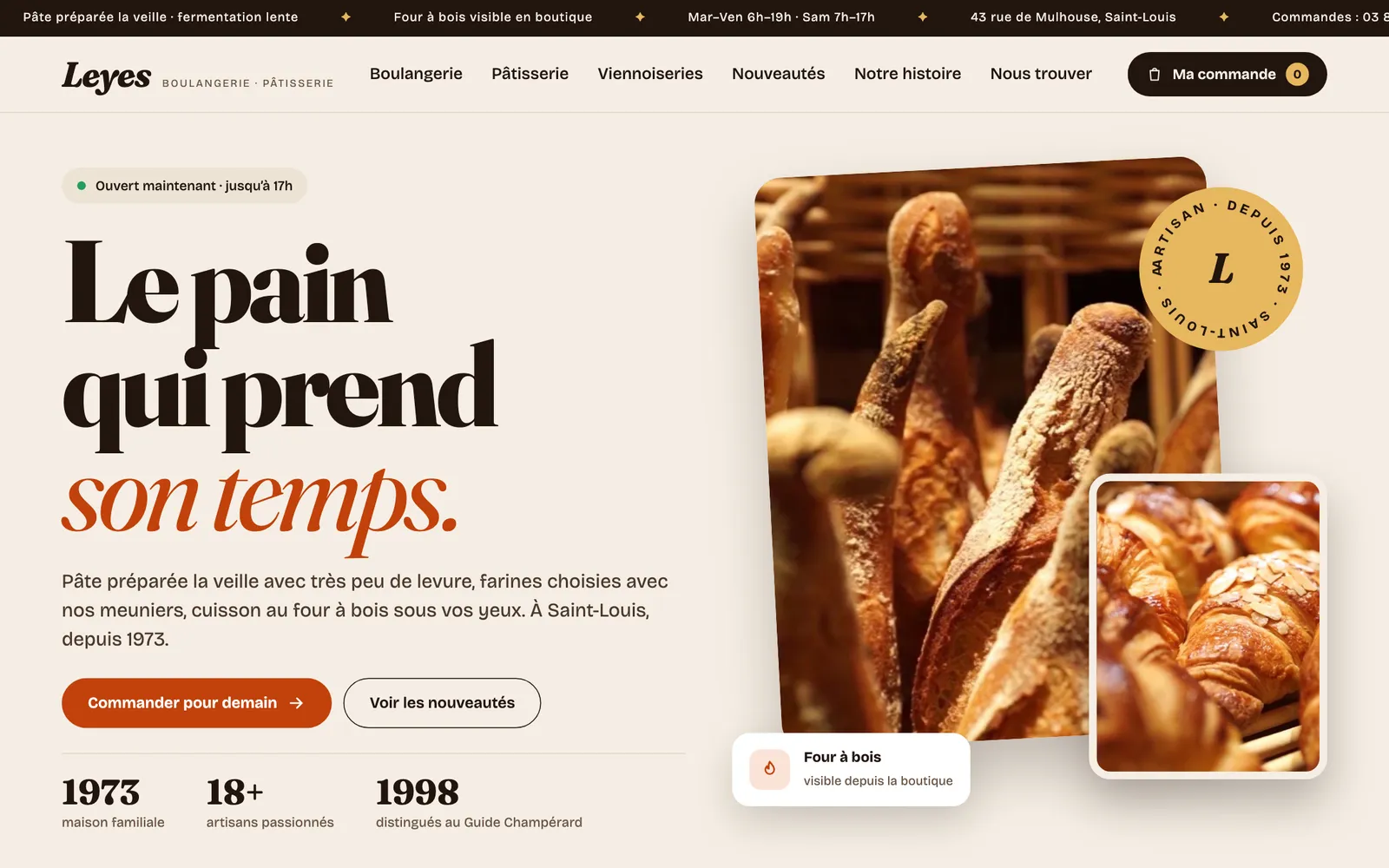 Page d’accueil de la boulangerie Leyes : titre « Le pain qui prend son temps », photos de baguettes et de croissants, bouton « Commander pour demain ».
